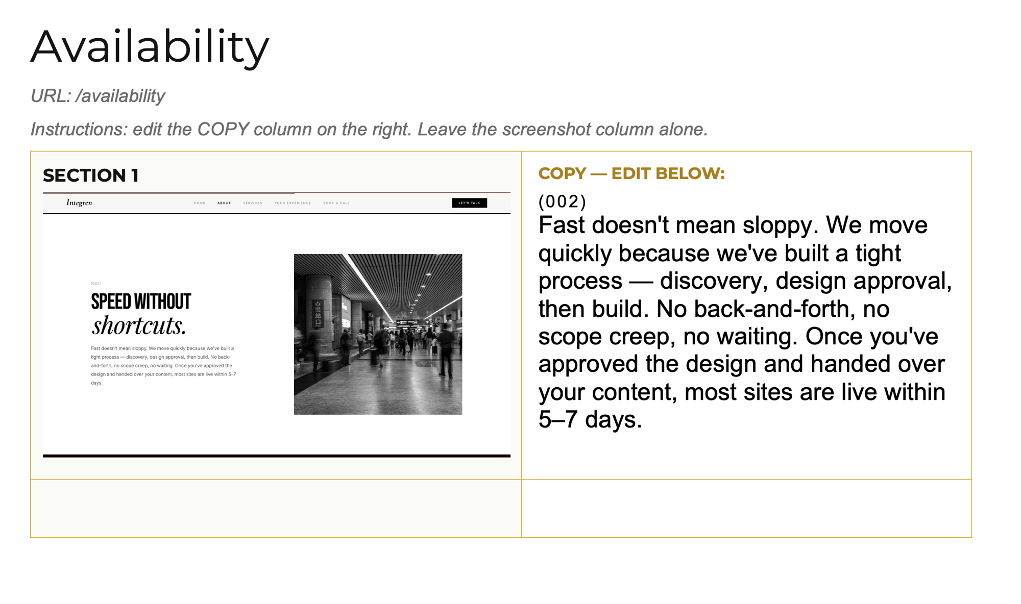 Integren's side-by-side editing document — page screenshot beside an editable copy column