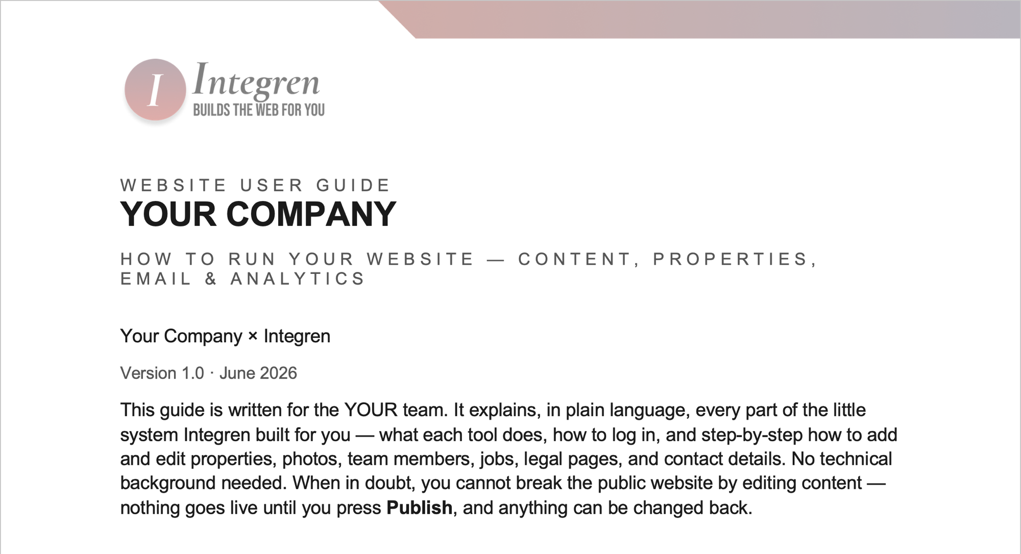 The plain-English website user guide Integren hands off to every client